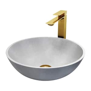 Concreto Stone Round Vessel Bathroom Sink and Faucet in Matte Brushed Gold