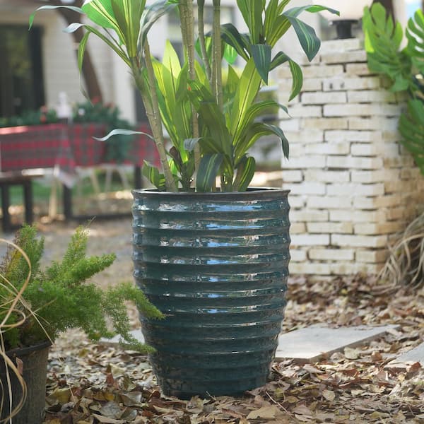 1-Piece 21.26 in. H Handmade Round Army Green Ceramic Planter with Ripple and Crackle Pattern for Indoor Outdoor Use