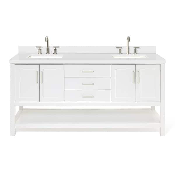 Magnolia 72 in. W x 22 in. D x 36 in. H Bath Vanity in White with White Pure Quartz Vanity Top with White Basins