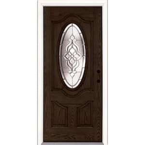 37.5 in. x 81.625 in. Lakewood Zinc 3/4 Oval Lite Stained Walnut Oak Left-Hand Inswing Fiberglass Prehung Front Door