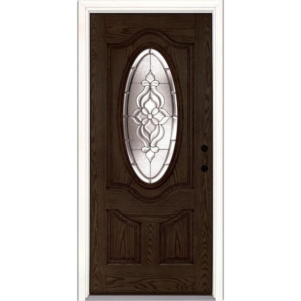 Feather River Doors 37.5 in. x 81.625 in. Lakewood Zinc 3/4 Oval Lite Stained Walnut Oak Left-Hand Inswing Fiberglass Prehung Front Door