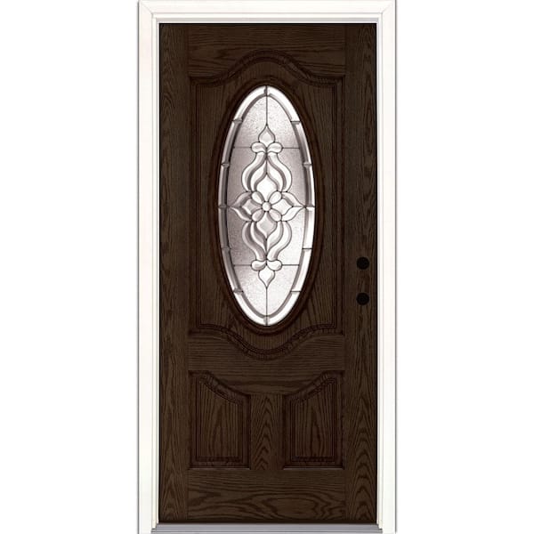 37.5 in. x 81.625 in. Lakewood Zinc 3/4 Oval Lite Stained Light Oak  Left-Hand Inswing Fiberglass Prehung Front Door