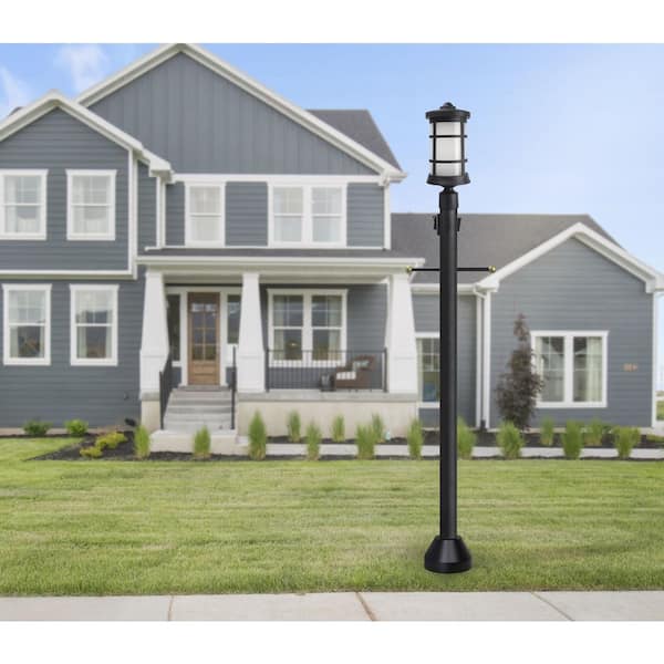 6 ft. Black Outdoor Surface Mount Lamp Post Cross Arm, Convenience Outlet, Dusk-to-Dawn Sensor and Aluminum Base Cover