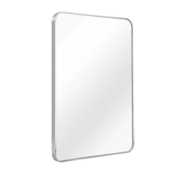 22 in. W x 30 in. H Silver Rectangle Brush Metal Framed Rounded Corner Vanity Mirror
