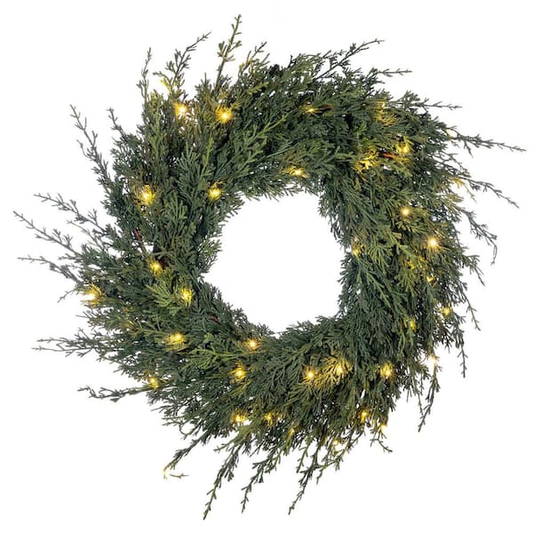 24 in. Green Battery Operated Pre-Lit LED Cedar Artificial Christmas Wreath