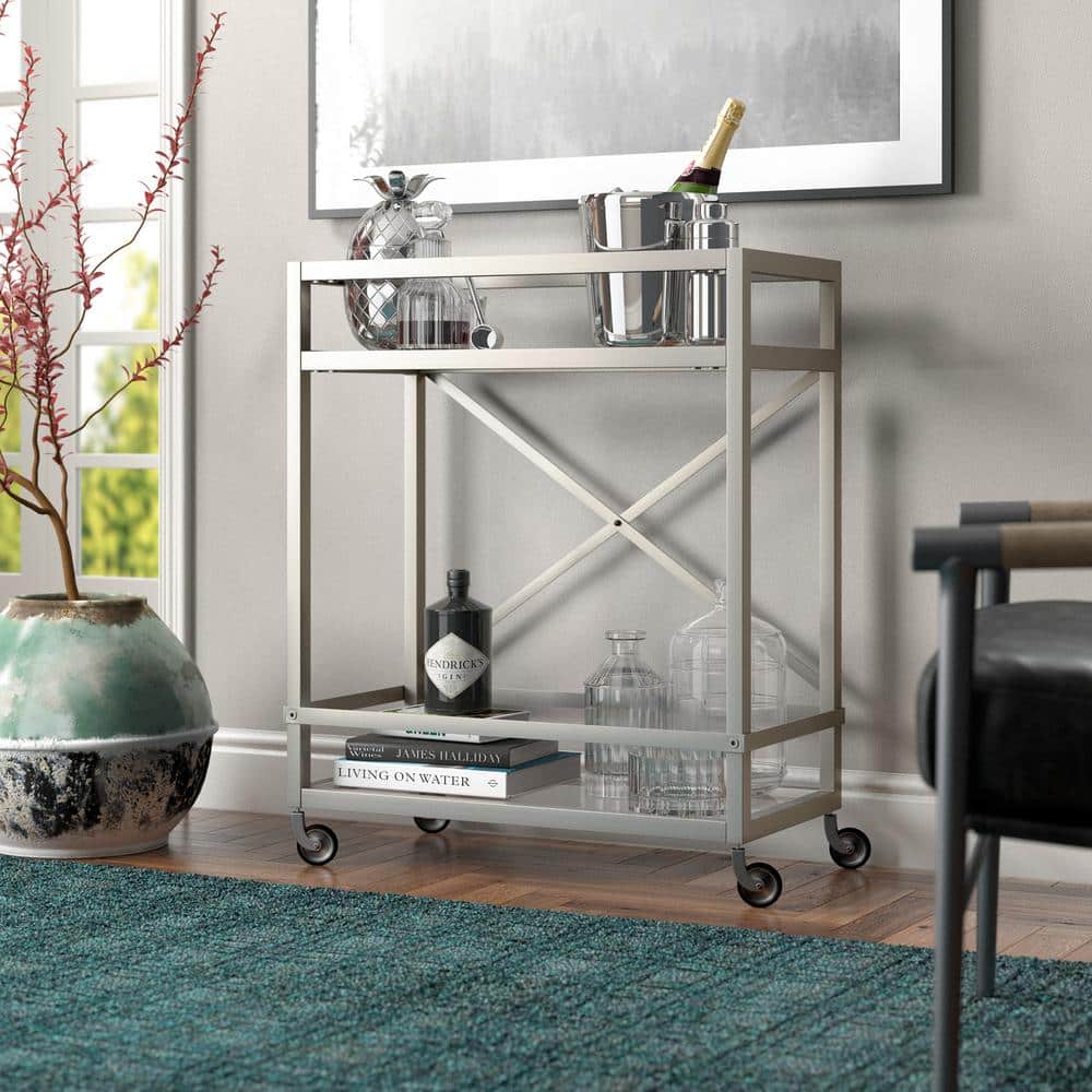 Contemporary Silver 2-Tier Bar Cart with Glass Shelves and Metal Frame