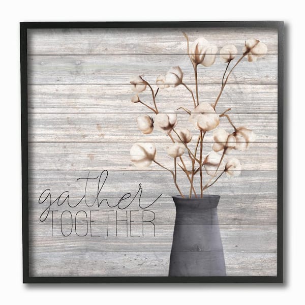 12 in. x 12 in. "Grey Gather Together Cotton Flowers in Vase" by Kimberly Allen Framed Wall Art