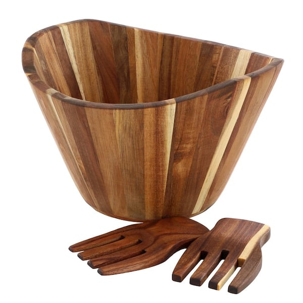 MegaChef Brown Wood Serving Bowl and Forks 11.3 in. 128 fl. oz. (Set of 3)