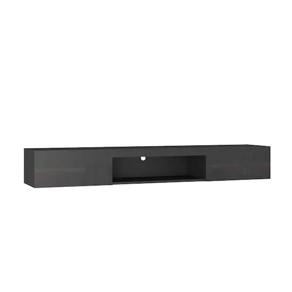 CONGE IMPORT LLC Black 63 in. Wood Decorative Rectangle Wall Mounted Floating Stand TV Stand, with 16-Color Led Lights Practical Durable