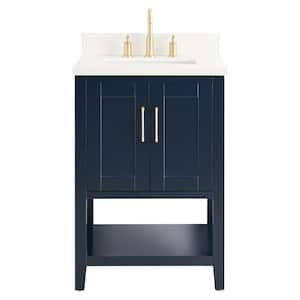 Waldorf 24 in. Free Standing Bath Vanity in Navy with Pure White Quartz Top and Single Sink Ceramic Basin