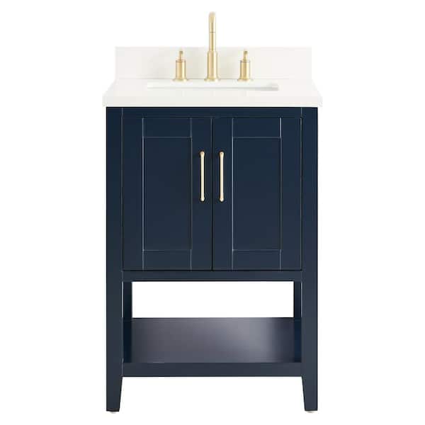 Chameleon Concepts Waldorf 24 in. Free Standing Bath Vanity in Navy with Pure White Quartz Top and Single Sink Ceramic Basin