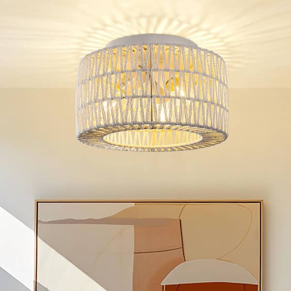 Briignite 13 in. 3-Light White Rattan Dimmable Semi- Flush Mount with No Glass Rattan Shade for Bedroom and No Bulbs Included