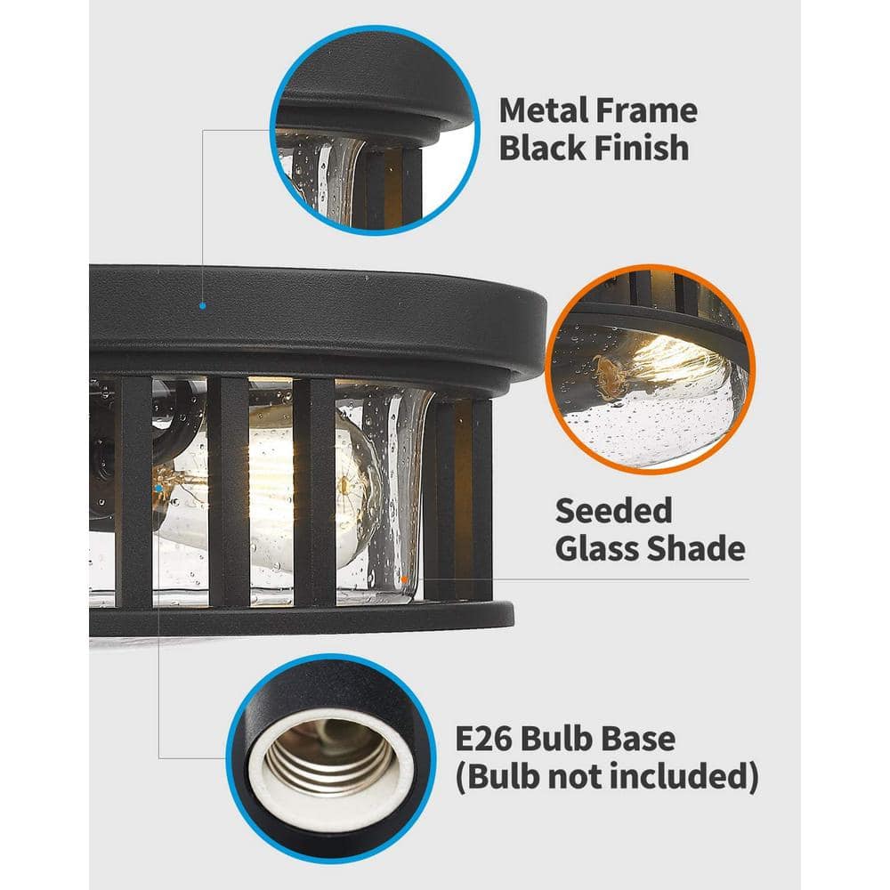 Black Metal and Glass 2-Light Drum Flush Mount Ceiling Light