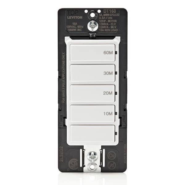 Leviton Decora 15A 60-Minute Indoor In-Wall Countdown Timer Switch 1/2 HP/9.8A Fan/Motor No Neutral Required Single-Pole, White