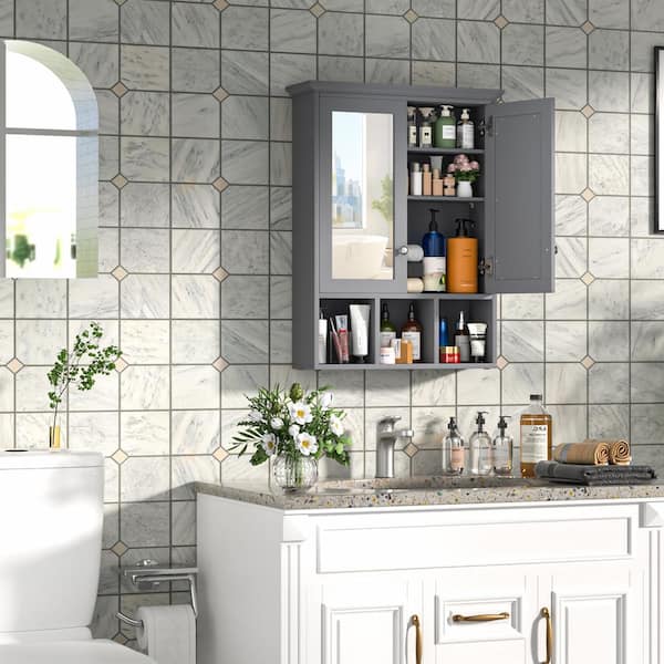 23.6 in. W x 7.5 in. D x 30.4 in. H Oversized Bathroom Storage Wall Cabinet with Adjustable Shelves and Mirror, Gray