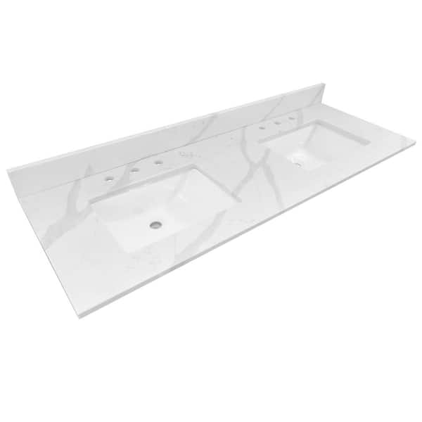 73 in. W x 22 in. D x 0.75 in. H Quartz Vanity Top in Statuario White with White Basins 73 in. W x 22 in. D x 0.75 in. H Quartz Vanity Top in Statuario White with White Basins