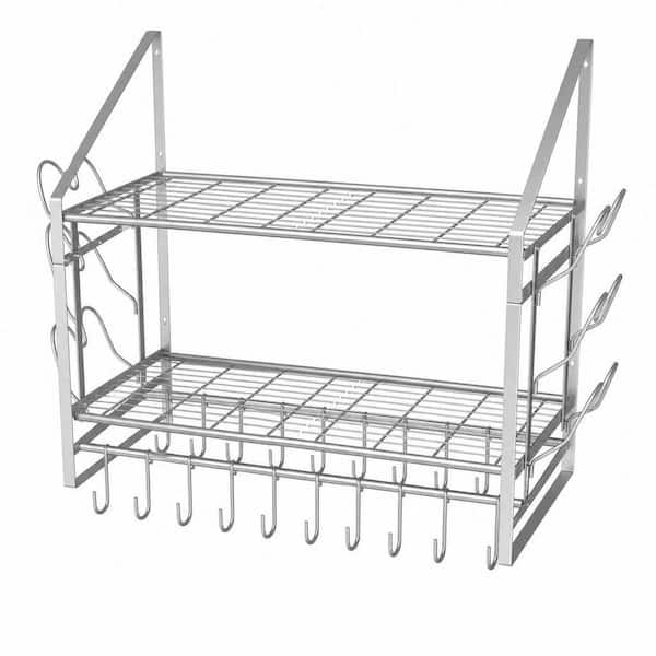 28 in. 2-Tier Wall Mounted Pot Rack with 20 Hooks and 6 Pot Lid Holders for Kitchen Cookware Utensils Storage, Silver