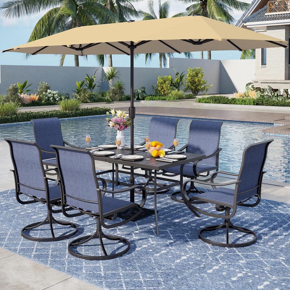 Black 8-Piece Metal Rectangle Patio Outdoor Dining Set with Table, Umbrella and Textilene Swivel Chairs price history on PriceWatchPro