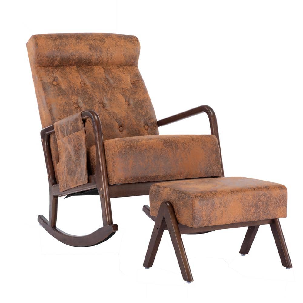 Solid Wood Outdoor Rocking Chair with Ottoman and with Thick Padded Cushion