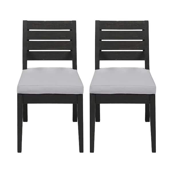 Dark Gray Armless Wood Outdoor Dining Chair with Light Gray Cushions (2-Pack)