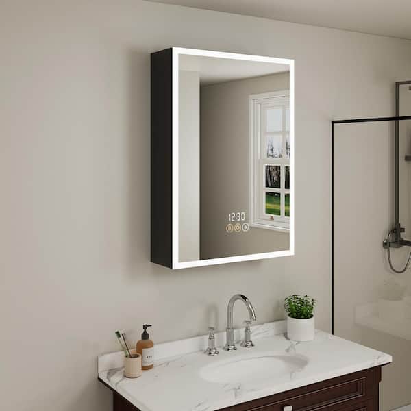 HBEZON Cloris 20 in. W x 28 in. H Rectangular Aluminum Black Medicine Cabinet with Mirror and Light, Right Hinge