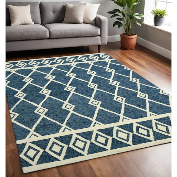 5 ft. x 8 ft. Blue And Ivory Wool Argyle Hand Hooked Area Rug