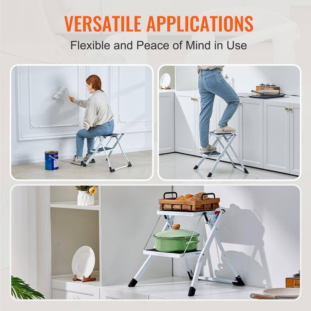White Foldable 2-Step Steel Ladder with Anti-Slip Pedals