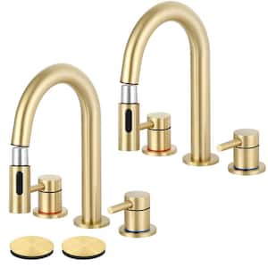 Double Handles 8 in. Widespread Bathroom Sink Faucet 3-Hole with Pull Out Sprayer Pop-Up Drain in Brushed Gold(2 Pack)