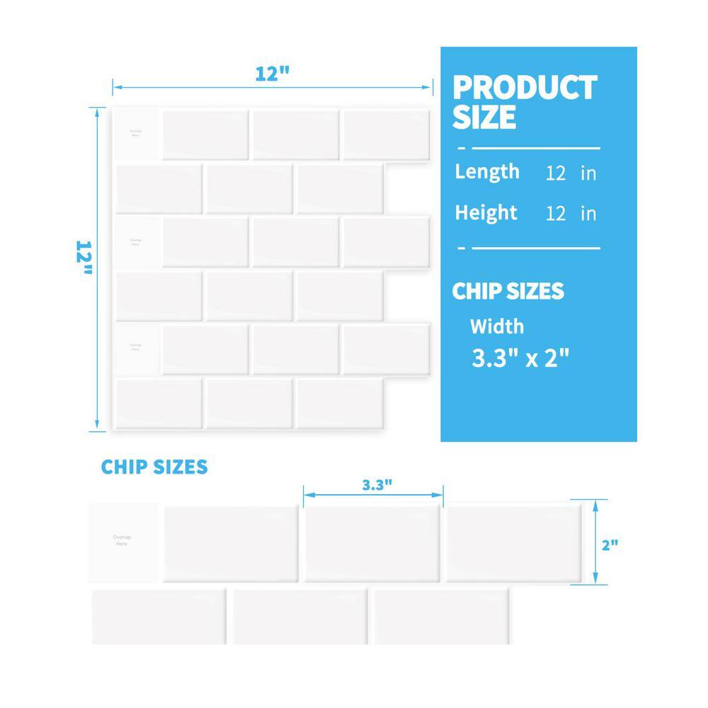 Bright White 12x12 Self-Adhesive Vinyl Subway Backsplash Tiles, 10-Pack