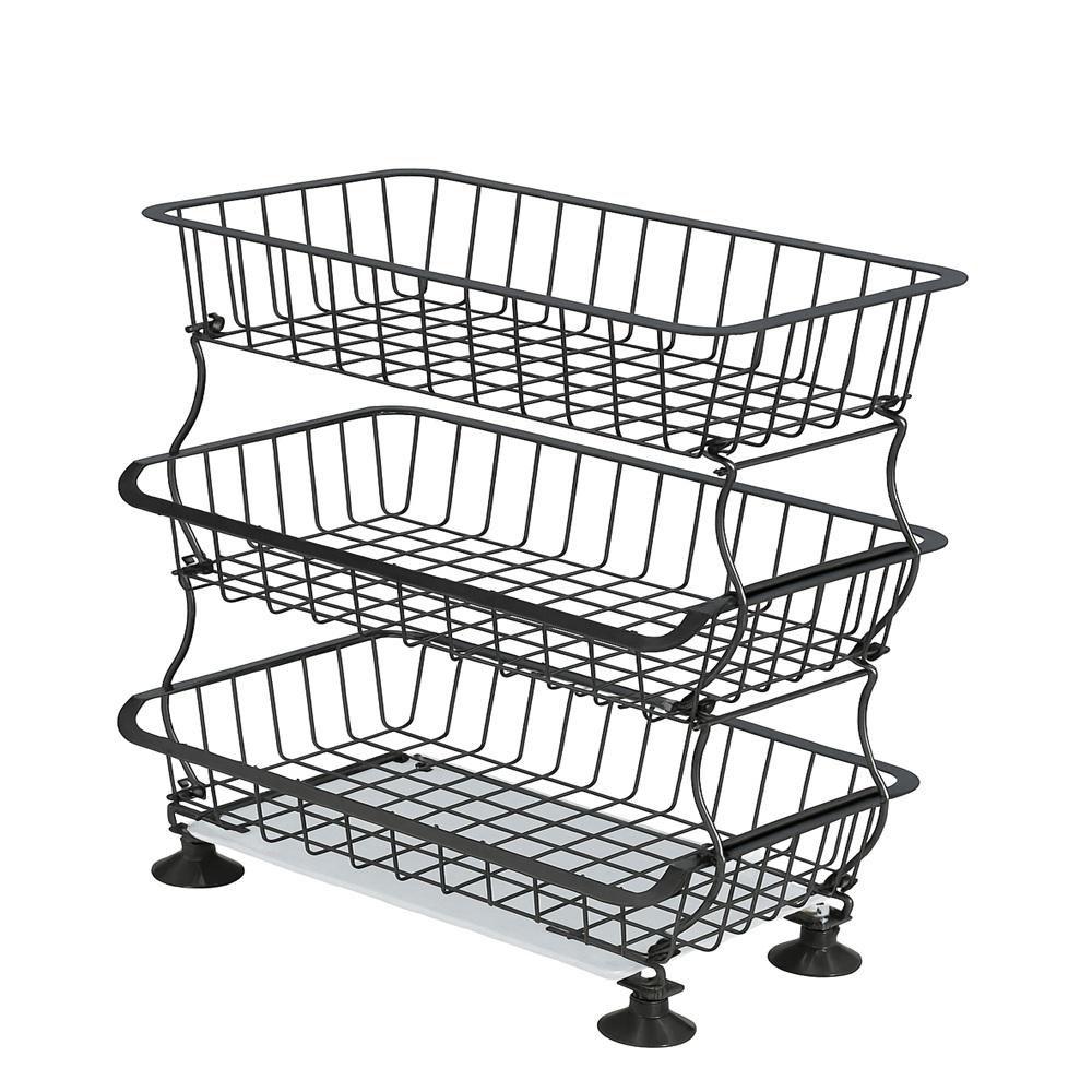 3-Tier Stackable Wire Pantry Organizer Black Large Capacity Storage Cart with Lockable Wheels for Kitchen