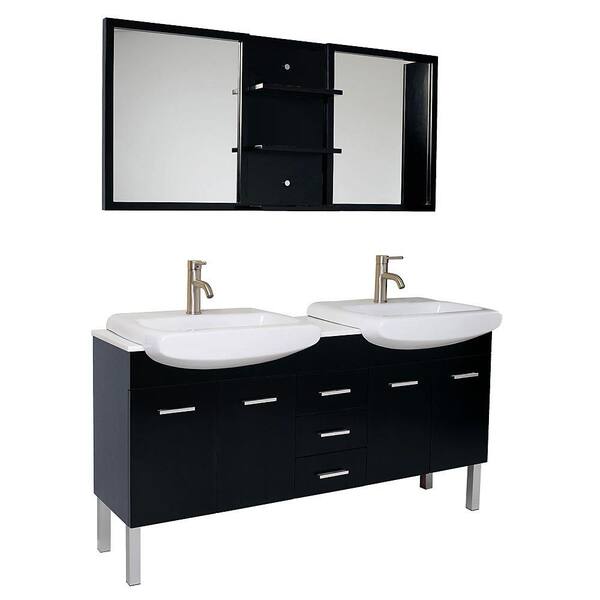 Fresca Vetta 60 in. Vanity in Espresso with Marble Vanity Top in White with White Basins and Mirror