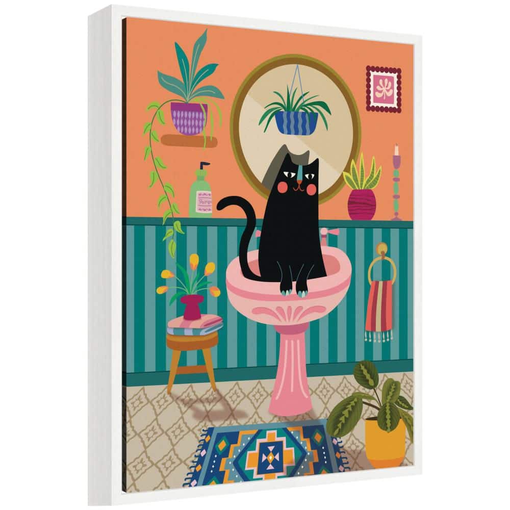 "Sylvie ""Black Cat Bathroom"" by Rachel Lee 3 Birdies Studio Animals Framed Canvas Art Print 24 in. x 18 in." price history on PriceWatchPro