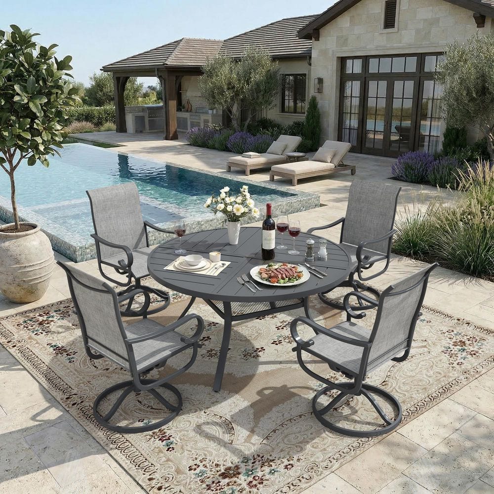 5-Piece Metal Outdoor Dining Set with 47.2 in. Gray Slat Round Table and 4 Gray Patio Textilene Swivel Rocking Chairs price history on PriceWatchPro