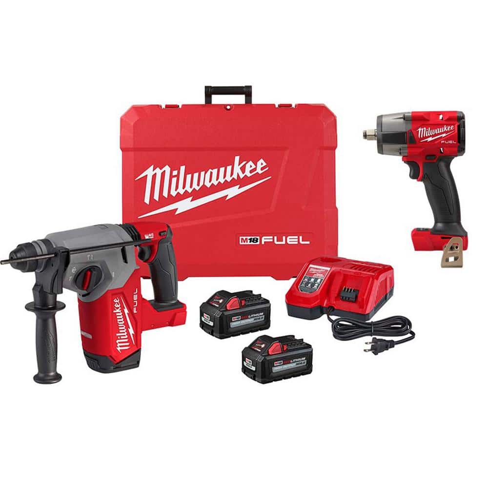 Milwaukee M18 FUEL 18-Volt Lithium-Ion Brushless 1 in. Cordless SDS-Plus Rotary Hammer Kit w/FUEL 1/2 in. Impact Wrench -  2912-22-2962