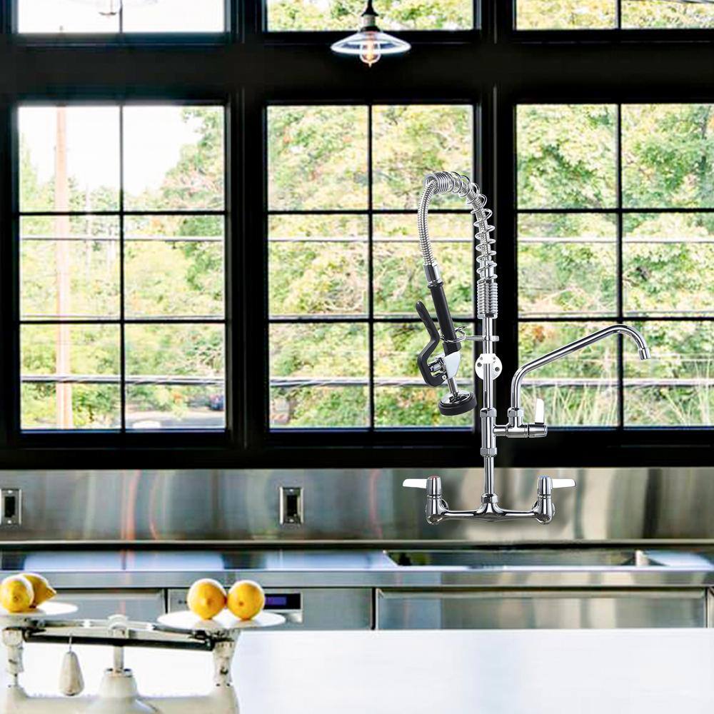 25-Inch Polished Chrome Triple Handle Wall Mount Kitchen Faucet