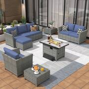 Yosemite Gray 10-Piece Wicker Outerdoor Patio Rectangular Fire Pit Set with Denim Blue Cushions