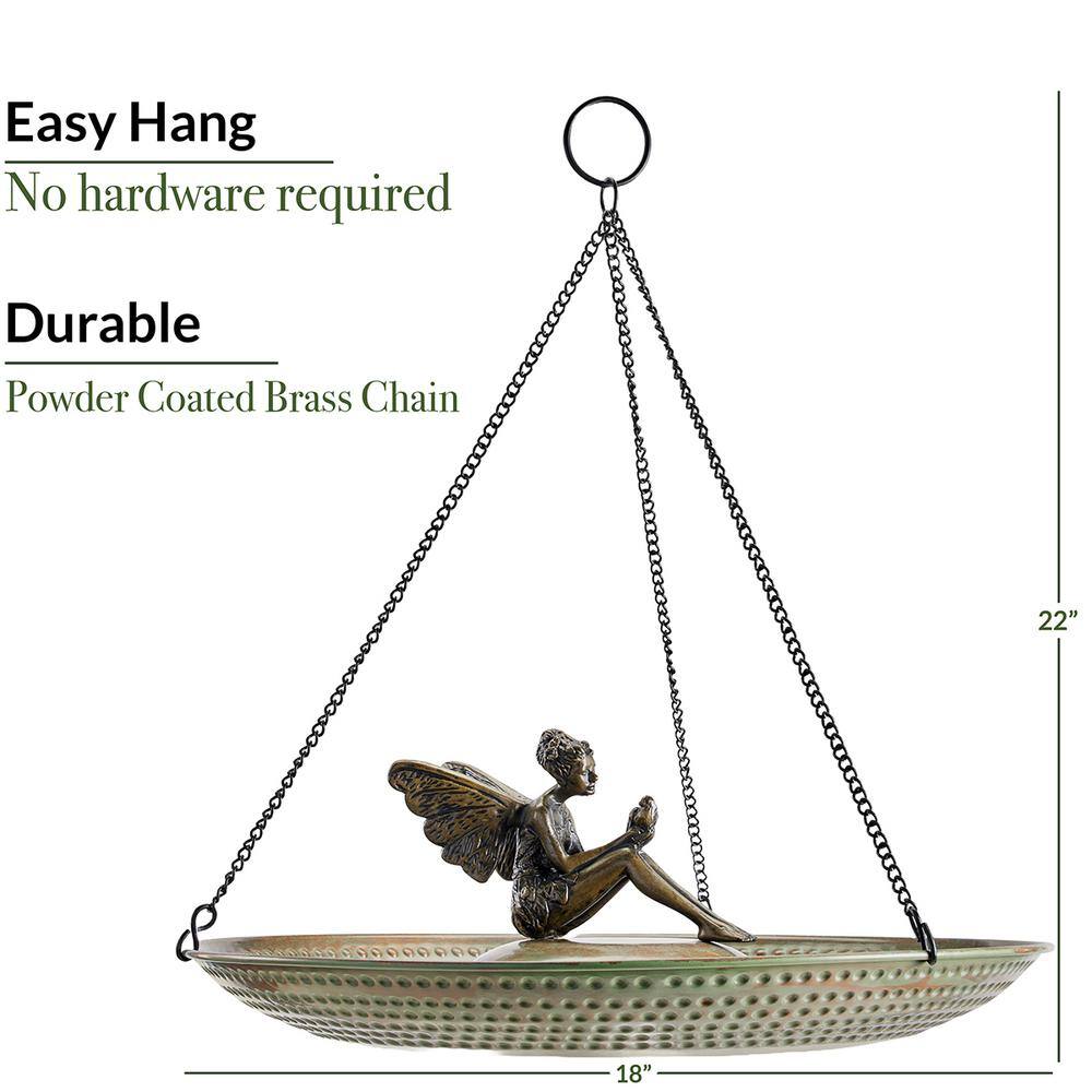 18" Hanging Blue Verde Copper Bird Bath with Fairy
