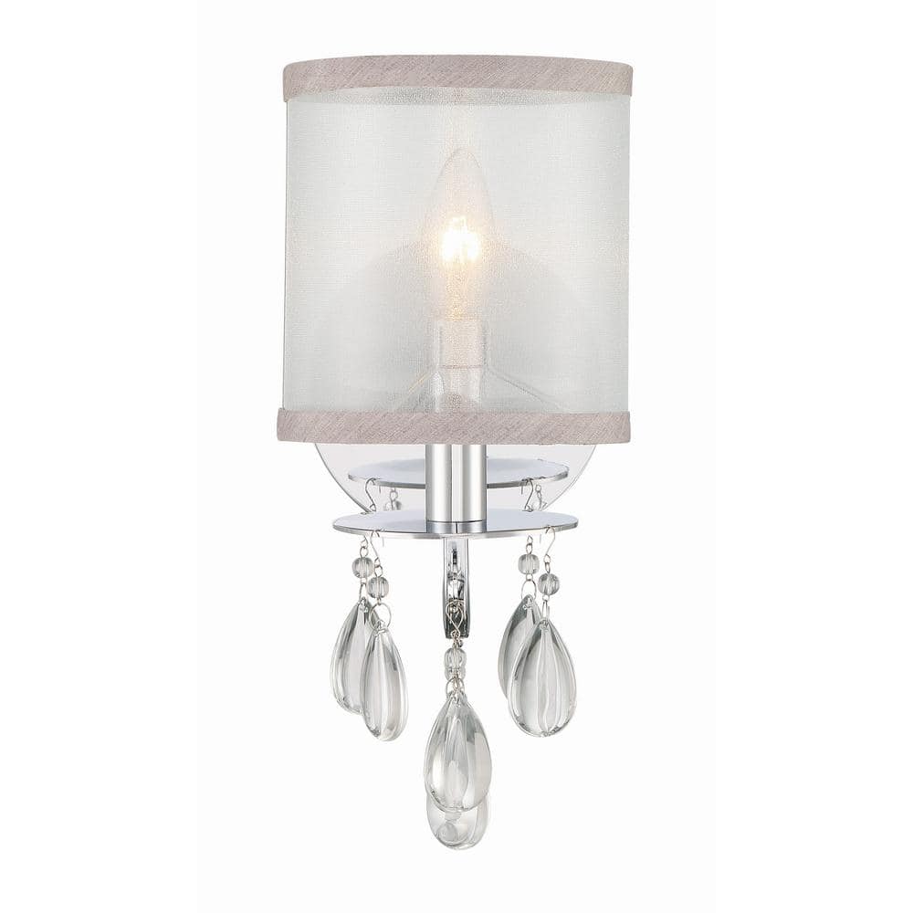 Elegant Chrome Sconce with Translucent Gold Silk Shade and Etruscan Beads
