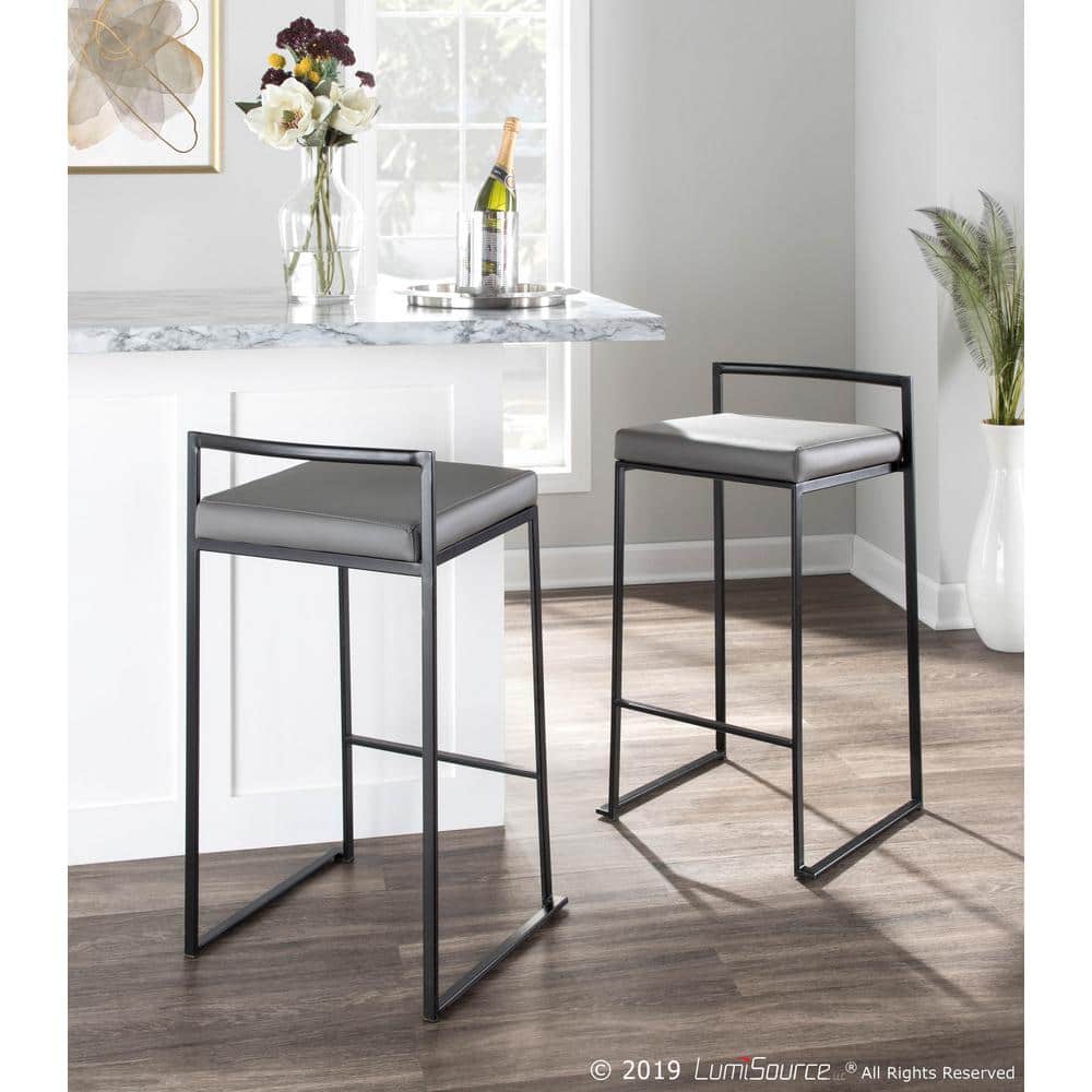 Black Metal and Wood Counter Stool with Grey Faux Leather Cushion