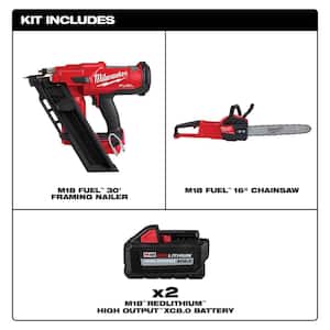M18 FUEL 3-1/2 in. 18-Volt 30-Degree Lithium-Ion Brushless Cordless Nailer w/16 in.FUEL Chainsaw, Two 6Ah HO Batteries