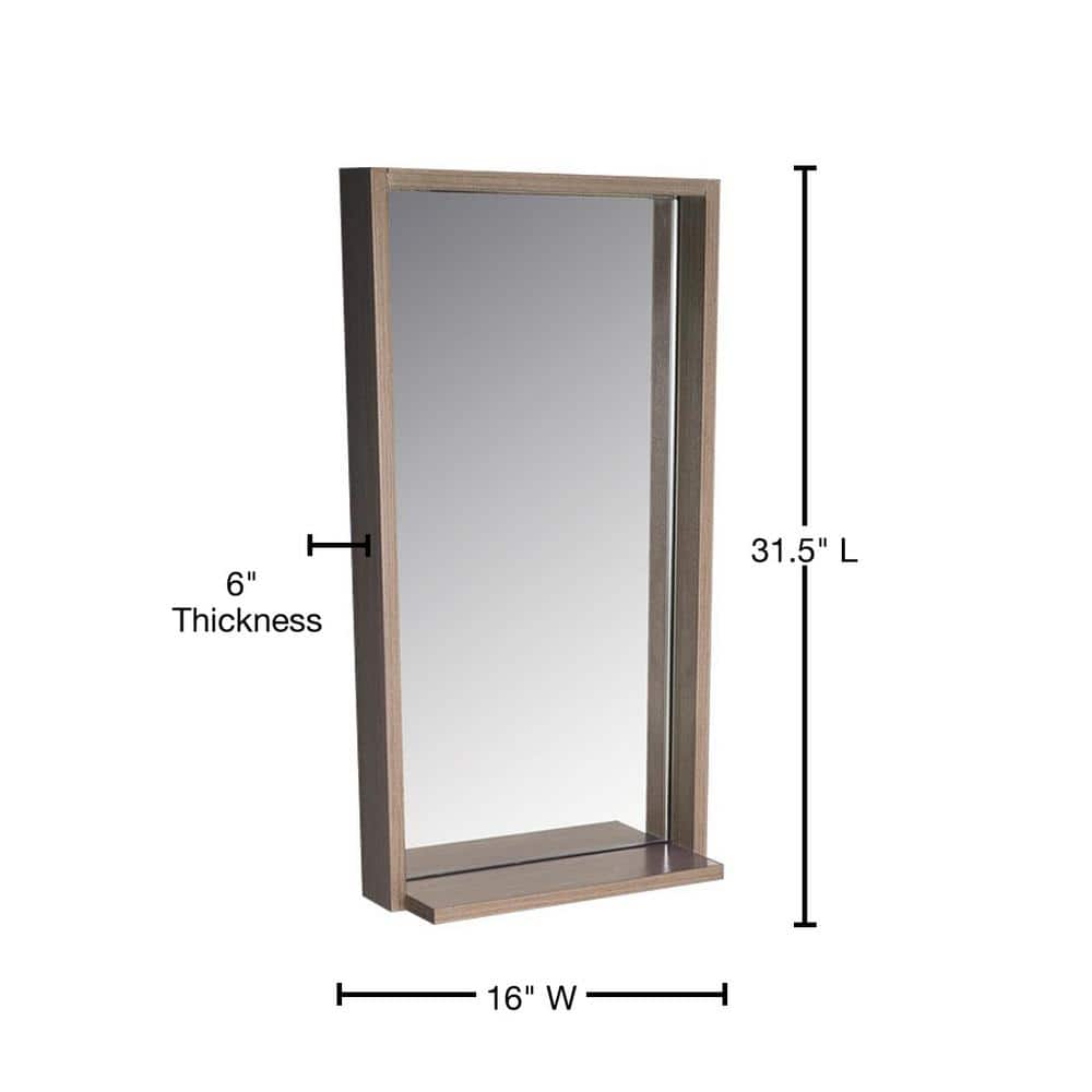 Gray Oak Rectangular Frameless Bathroom Vanity Mirror with Shelf