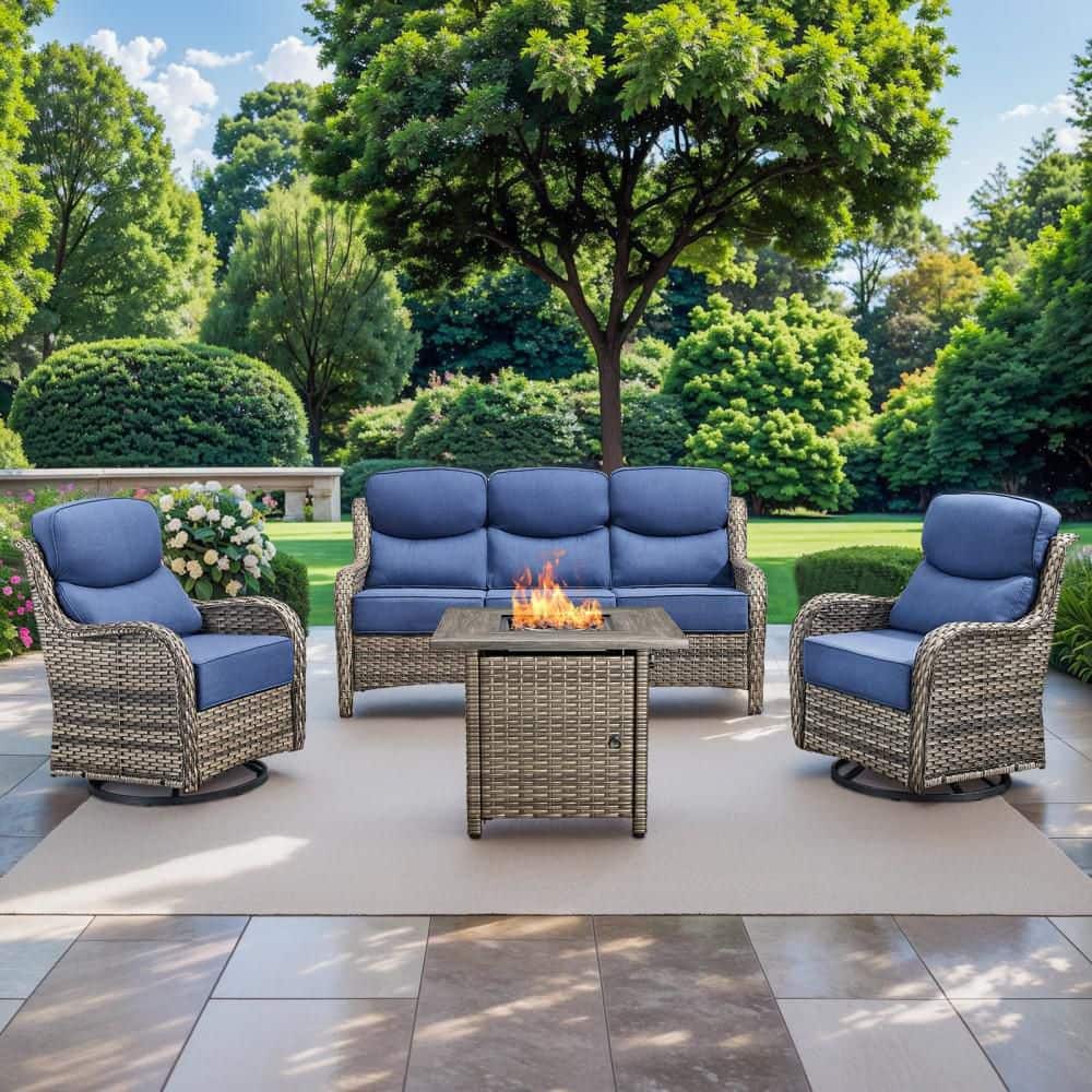 NovaSwivel 4-Piece Gray Wicker Outdoor Fire Pit Conversation Set with 6 in. Blue Cushions and Swivel Rocking Chairs price history on PriceWatchPro
