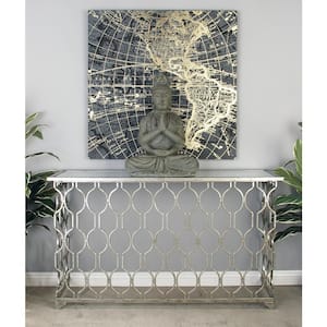 55 in. Silver Extra Large Rectangle Metal Geometric Console Table with Mirrored Glass Top