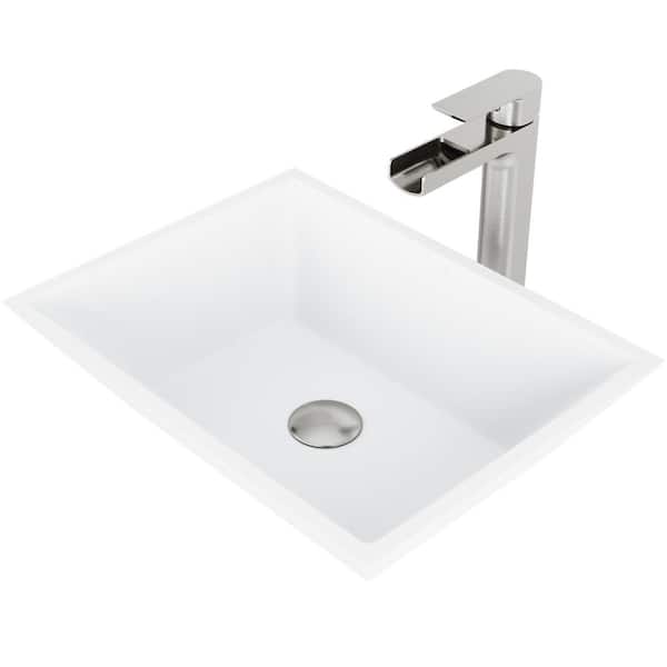 VIGO Matte Stone Vinca Composite Rectangular Vessel Bathroom Sink in White with Faucet and Pop-Up Drain in Brushed Nickel