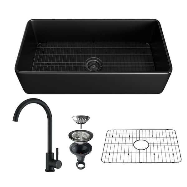 VANITYFUS 36 in. Undermount Farmhouse Single Bowl Black Fine Fireclay Workstation Kitchen Sink with Faucet and Accessories
