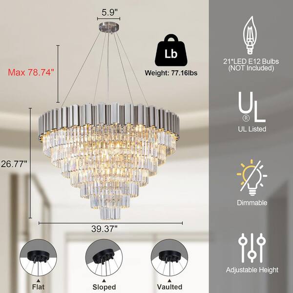 YUYI 39 in. 21-Light Luxury Silver Crystal Chandelier, 7-Tier