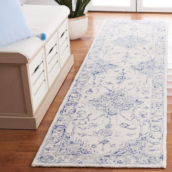 Metro 2 ft. x 13 ft. Blue/Ivory Ornate Border Runner Rug