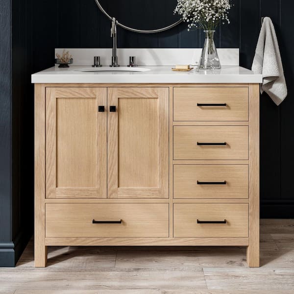 ARIEL Cambridge 42 in. Single Sink Freestanding Bathroom Vanity in Oak with Pure White Quartz Top