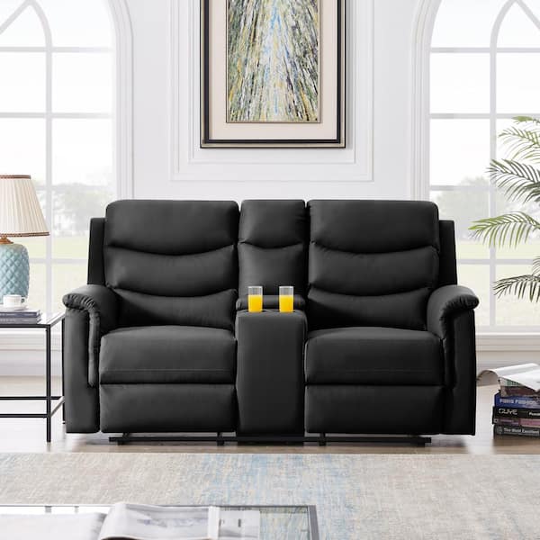 J&E Home 67.7 in. W Black PU Leather 2-Seats Manual Reclining Loveseat with Storage Console and 2-Plastic Cup Holders