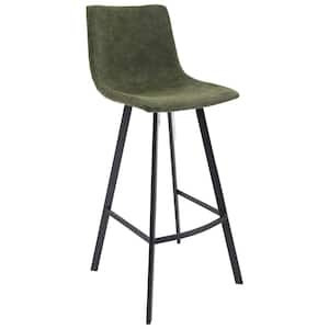 Elland Modern 29.9" Upholstered Leather Bar Stool With Black Iron Legs & Footrest in Olive Green